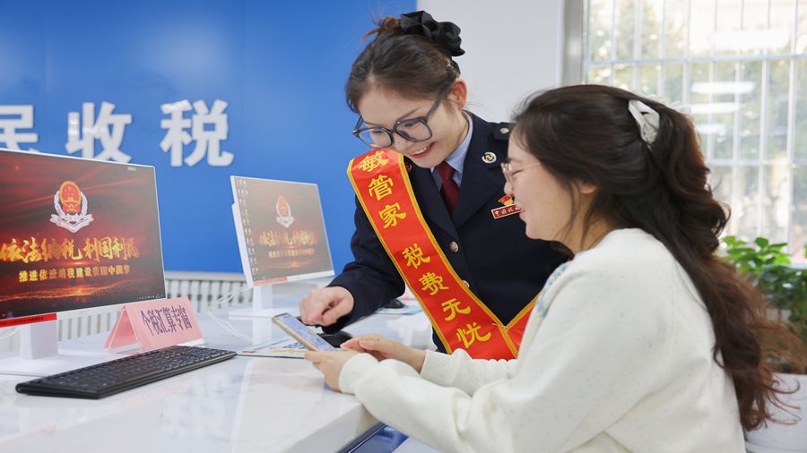 图为  新疆额敏县税务局“小敏管家”个税服务团队为纳税人辅导个税申报。（.jpg